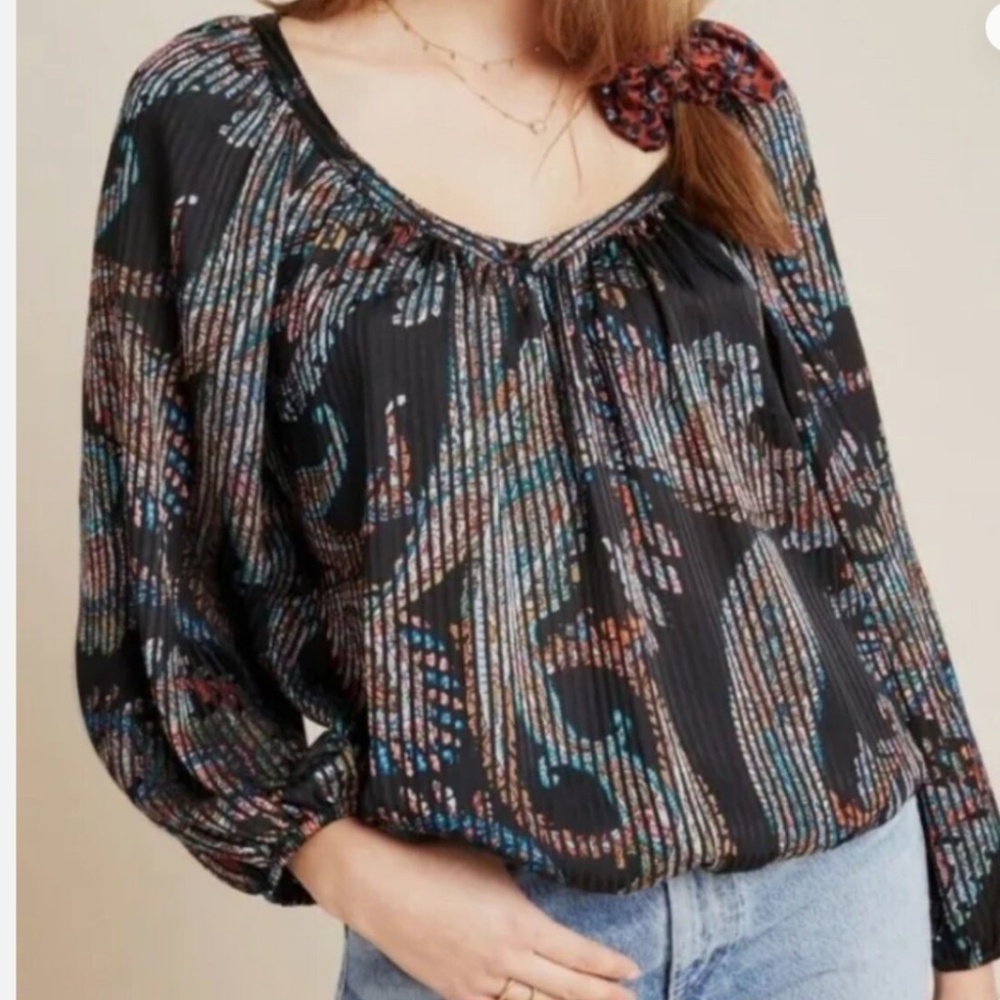 Maeve (Anthropologie)  Madeira Burnout Black Floral Paisley Satin Blouse